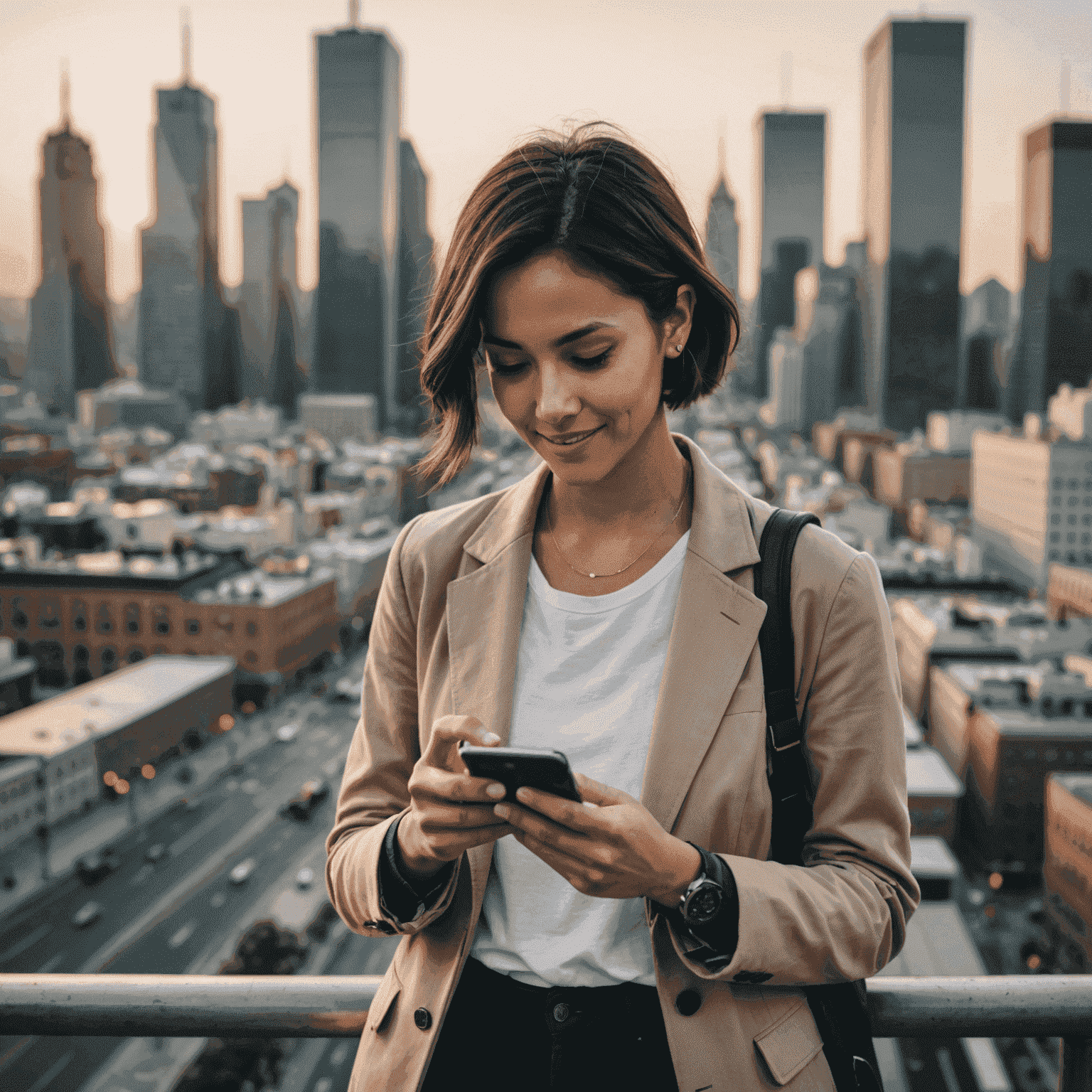 A person using a smartphone with a cityscape background, representing the freedom and connectivity provided by our mobile plans