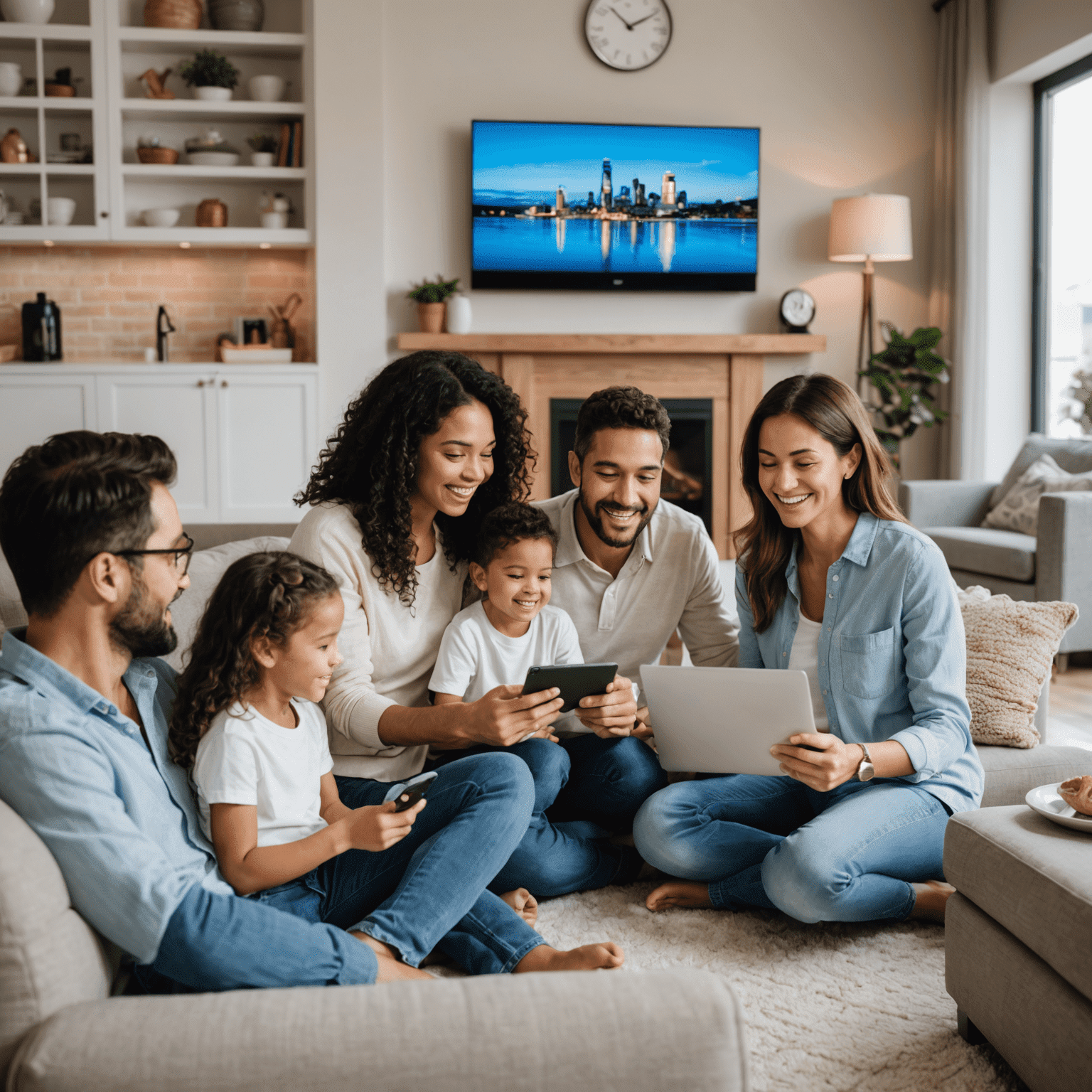 A family enjoying our all-in-one home plan services, including high-speed internet, 5G mobile data, and a variety of TV channels, all while saving money by bundling the services together.