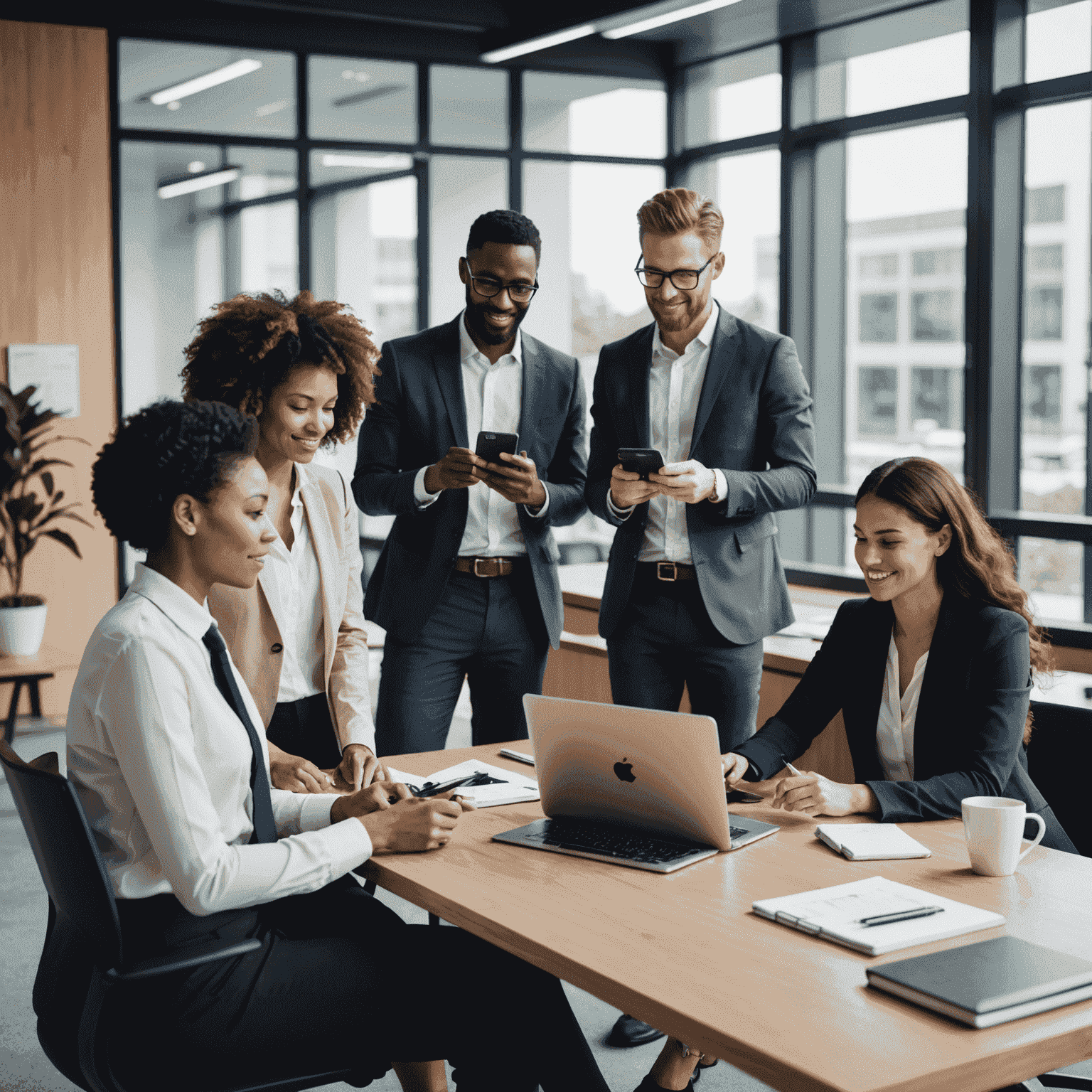 A diverse business team collaborating using mobile devices and high-speed internet in a modern office setting