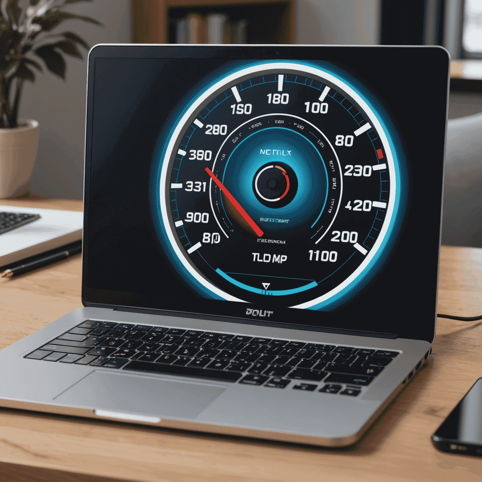 A laptop displaying a speedometer, representing lightning-fast internet plans for streaming, gaming, and working from home