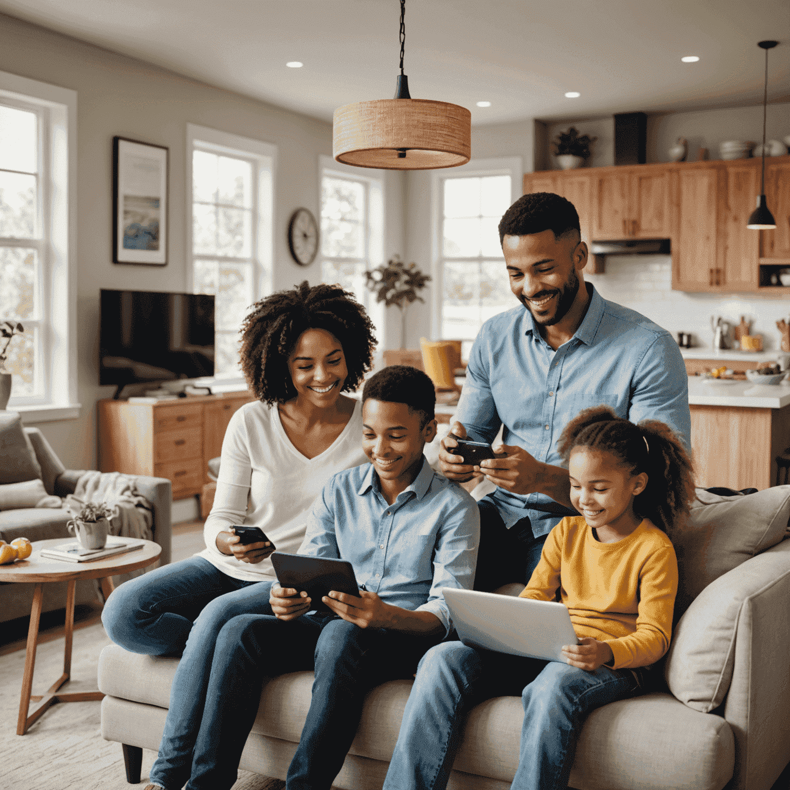 A family enjoying various devices at home, showcasing all-in-one home plans that bundle mobile, internet, and TV services